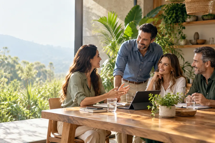 Grupo conversando y aprendiendo en un entorno de trabajo natural